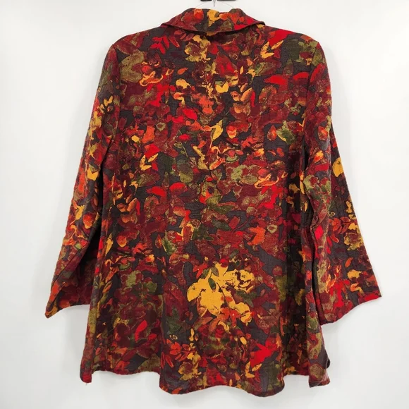 Habitat 3/4 Sleeve Button Front Shirt Womens Size Medium Floral Red Gold Fall - Picture 6 of 7